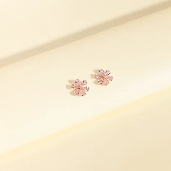 Miss L' by L'azurde Flower Diamond & Pink Stones Stud Earrings