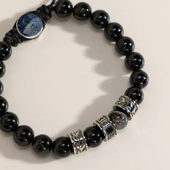 Diesel Beads Black Agate and Stainless Steel Men’s Bracelet