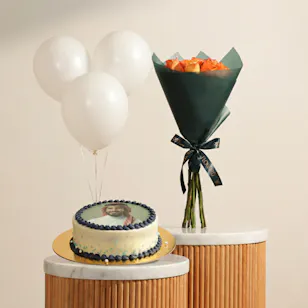 Floward Personalized Photo Chocolate Blue Cake | Shiny Flowers Bouquet and White Balloons