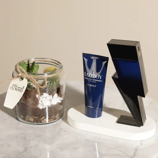Carolina Herrera Bad Boy Colbat Elixir Set | Unique Open Cactus Terrarium Plant