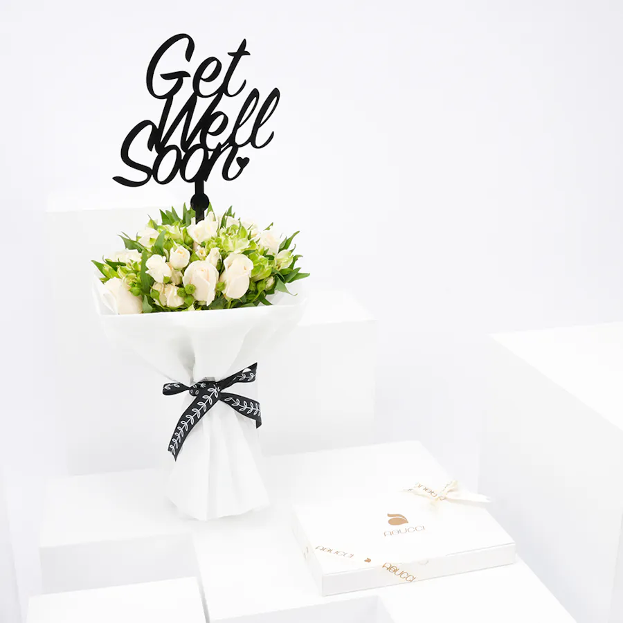 Abucci Small Chocolate Box with Get Well Soon Blooms Bouquet 1