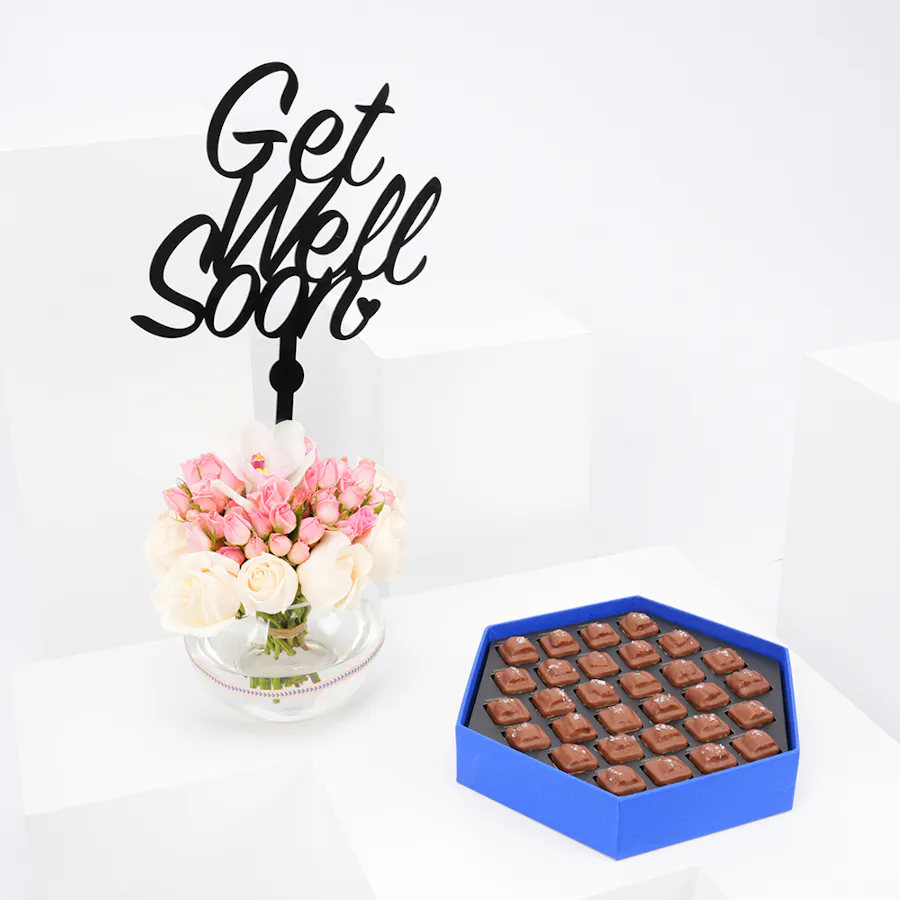 Hanoverian Pecan Chocolate with Get Well Soon Blooms Vase 4