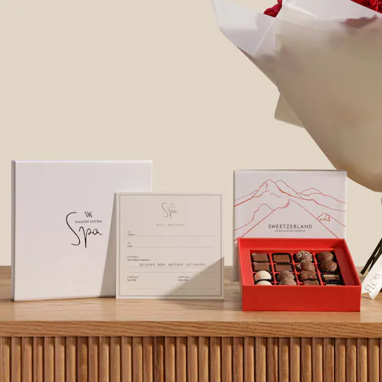 Waldorf Astoria Spa Relaxing Body Massage Gift Voucher | Sweetzerland Chocolate Box and Flowers