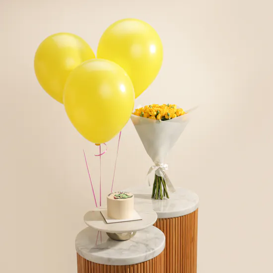 Floward Mini Dino Birthday Vanilla Cake | Flowers Bouquet and Balloons