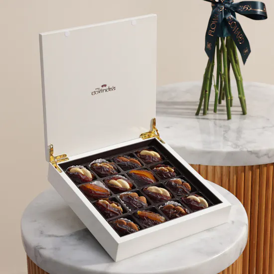 Mygovindas Wooden White Fancy Stuffed Dates Box | Harmonious Flower Bouquet