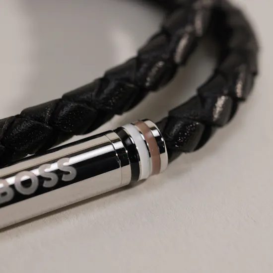 Hugo Boss Ares Double Braided Leather Black Cuff Men's Wristband