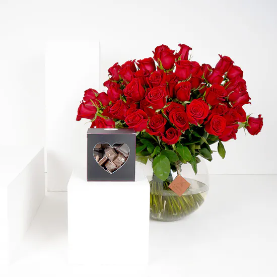 Large Red Roses Fish Bowl Vase with a Large Chocolate Box