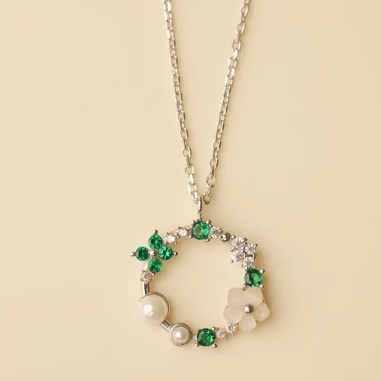 Zia Summer Emerald and Seed Pearl Pendant Silver Necklace