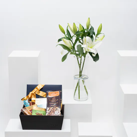 Godiva Chocolates Hamper Basket | White Lilies Vase