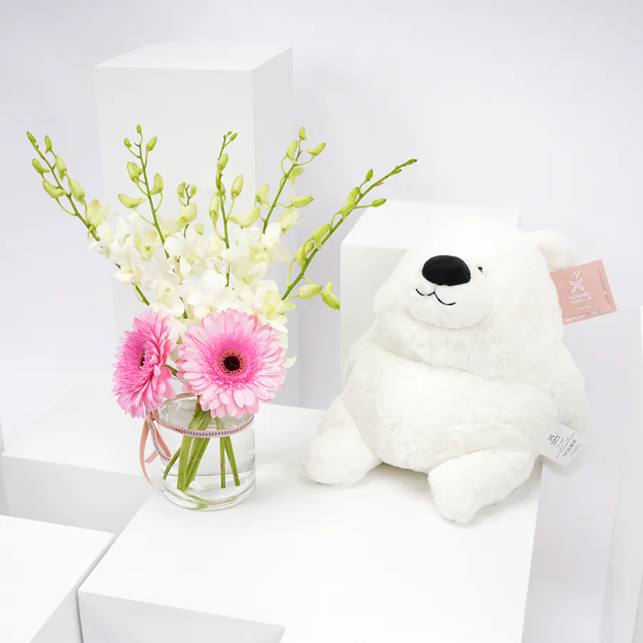 Floward White Bear with Spring Blooms Vase 2