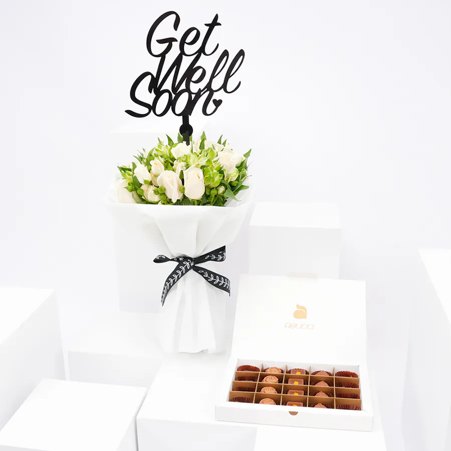 Abucci Small Chocolate Box with Get Well Soon Blooms Bouquet 4