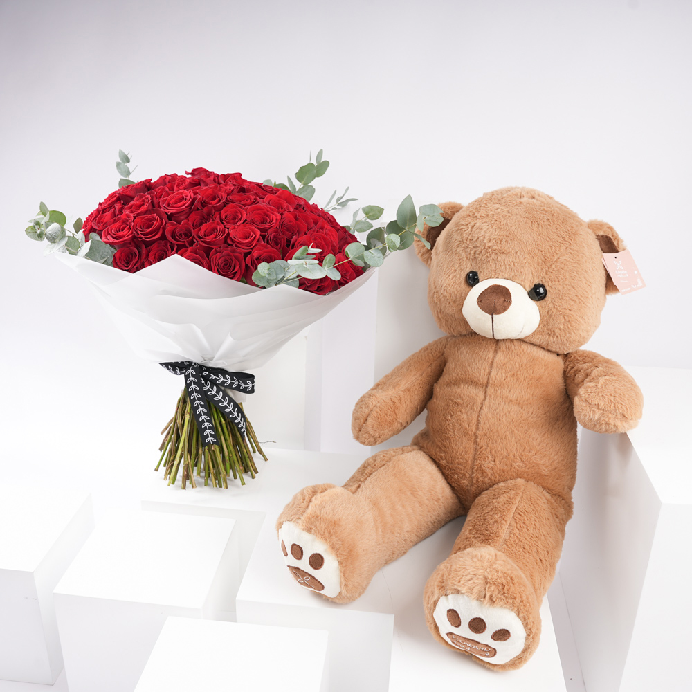 Large Teddy Bear 100 Red Roses Floward Abu Dhabi