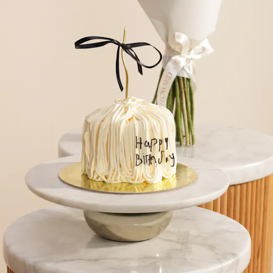Sweet Atelier White Ropes Birthday Cake | Flowers Bouquet and Happy Birthday Balloon