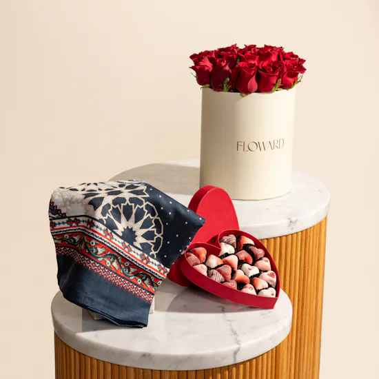 Fleur Red Heart Chocolate Box and Emma Scarf | Elegant Flowers
