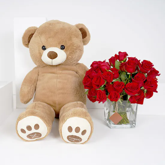Large Red Roses Square Vase with a Large Teddy Bear