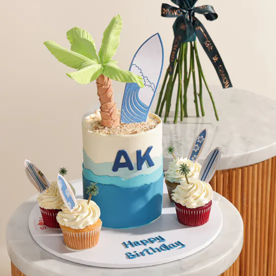 NQ's Bakery Surf Theme Personalized Cake and Cupcakes | Wave of Happiness Flowers