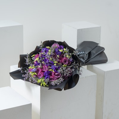 Purple Flowers Hand Bouquet | Black Wrapping