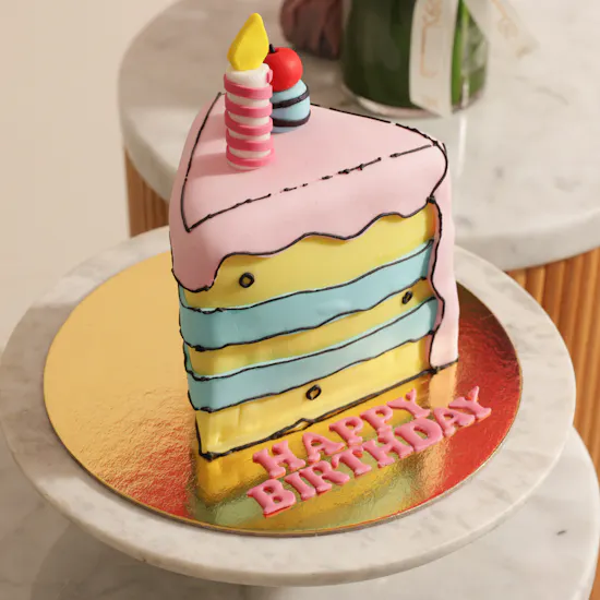 Floward Birthday Slice Comic Cake | Enchanting Flowers Vase and Balloons