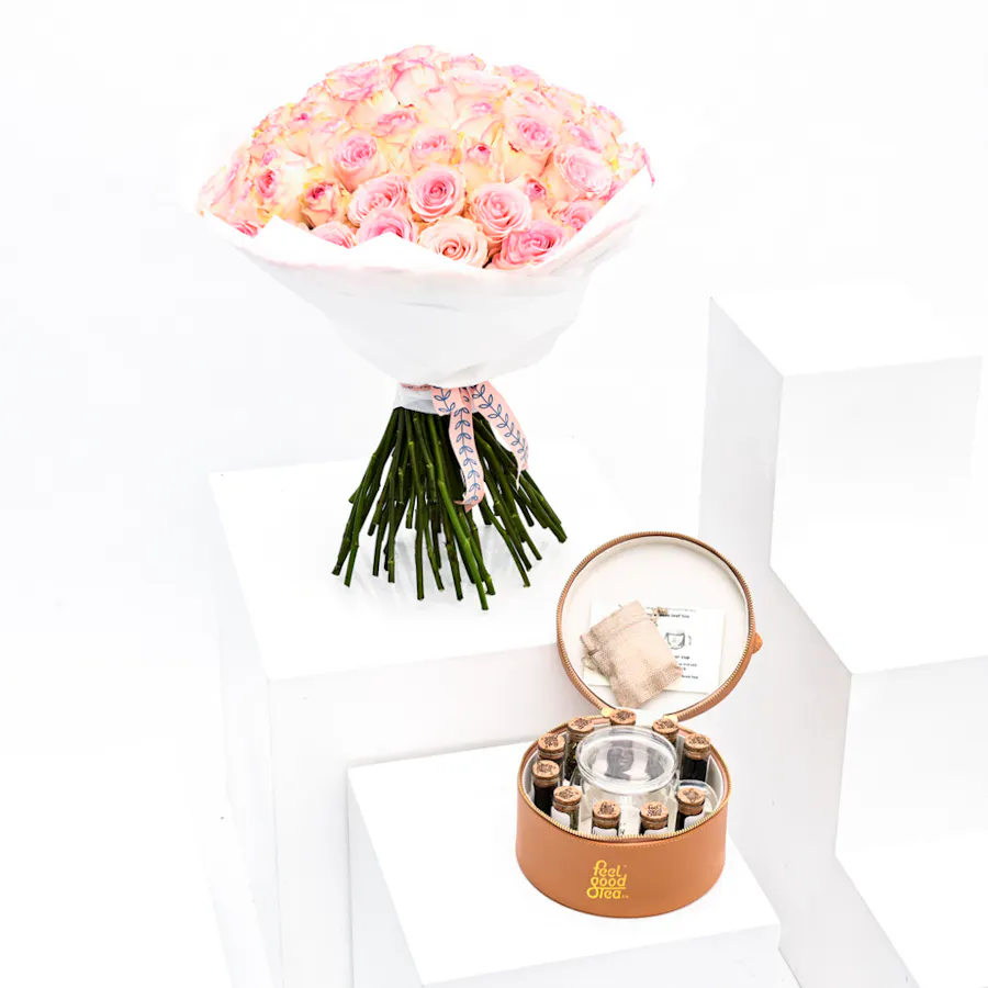 Brown Leather Box& 70 Pink Roses 1