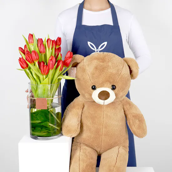 Red Tulips Vase | Teddy Bear