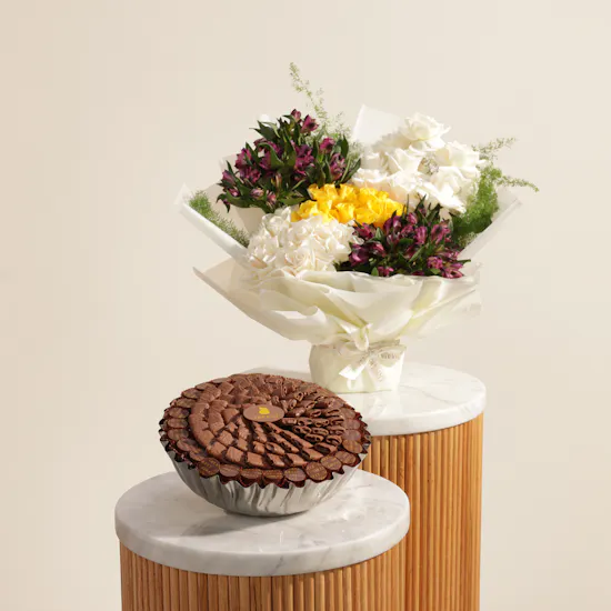 Abucci Elegant Chocolate Silver Tray | Golden Flower Bouquet