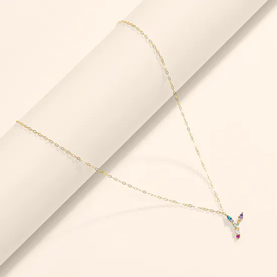 L'azurde Instyle Letter Y Colored Stones Gold Necklace