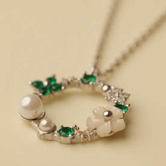 Zia Summer Emerald and Seed Pearl Pendant Silver Necklace