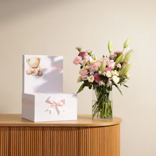 Le Chocolatier Dubai Baby Girl Teddy Bear-Themed Extra Large Chocolate Box | Pink Flower Vase