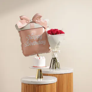 Floward Red Velvet Mini Cake | Roses Bouquet and Birthday Balloon