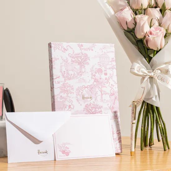 Catmint Candles Floral Candle Gift Set | Harrods Pretty Pink Writing Set and Flowers