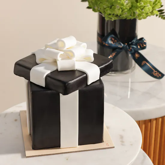 December Cake Black and White Gift Shape Fondant Cake | Distinguished Flower