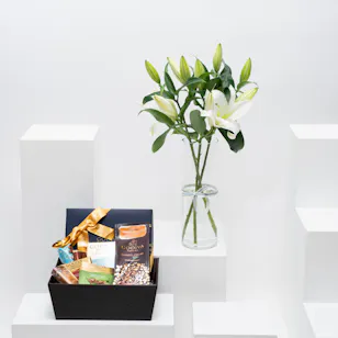 Godiva Chocolates Hamper Basket | White Lilies Vase Godiva Chocolates Hamper Basket | White Lilies Vase