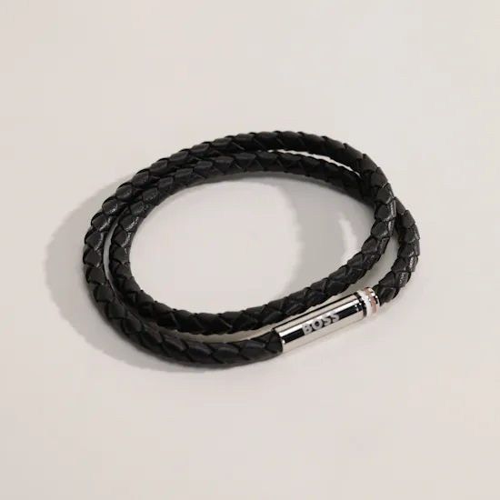 Hugo Boss Ares Double Braided Leather Black Cuff Men's Wristband