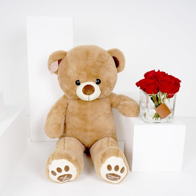 Medium Red Roses Square Vase with a Medium Teddy Bear