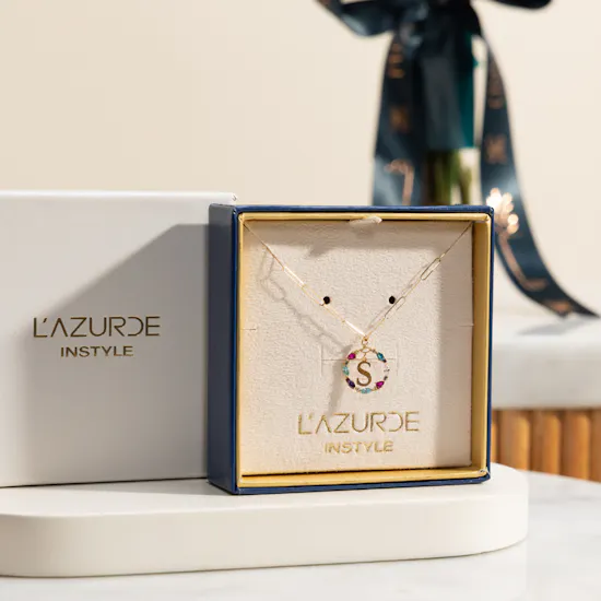 L'azurde Letter Gold and Colored Stone Necklace | Chic Roses