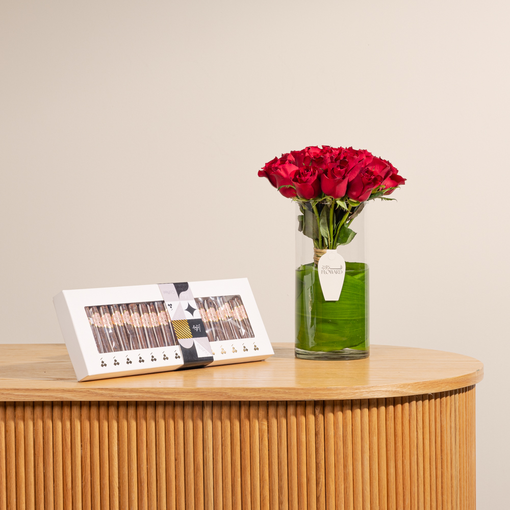 صندوق شوكولاتة سيجار من شان شال | مزهرية جوري احمر 