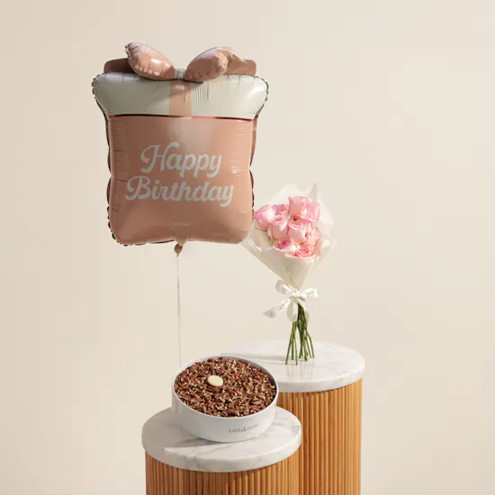 Aani & Dani Trifle Pecan Nut Caramel Cake | Glam Roses Bouquet and Birthday Balloon