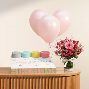 Helen's Bakery Four Mini Birthday Cakes | Flowers Vase and Balloons