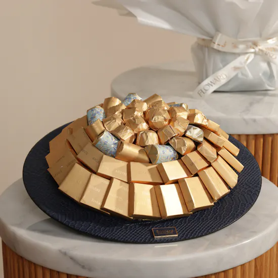 Bostani Assorted Chocolates Navy Leather Tray | Grand Flower Bouquet