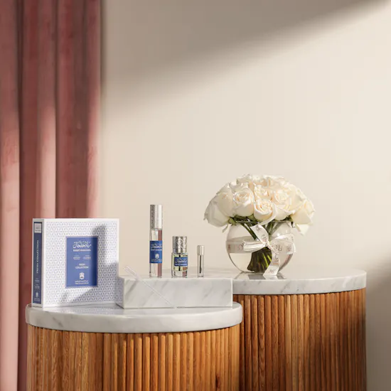 Abdul Samad Al Qurashi Ranet Khalkhal Oil Set | Serene White Roses Vase