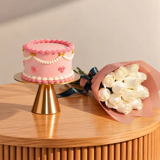 The Hummingbird Bakery Personalized Once Upon a Pink Cake | Delightful Roses Bouquet