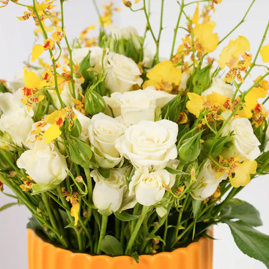 White Baby Roses | Yellow Vase