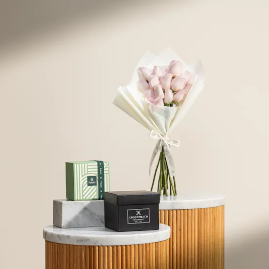 Candle Connection Carmalized Vanilla Crystal Candle | Patchi Classic Chocolate Box and Roses