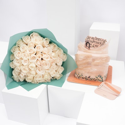 Chunk Mother's Day Cake with 48 White Roses Bouquet