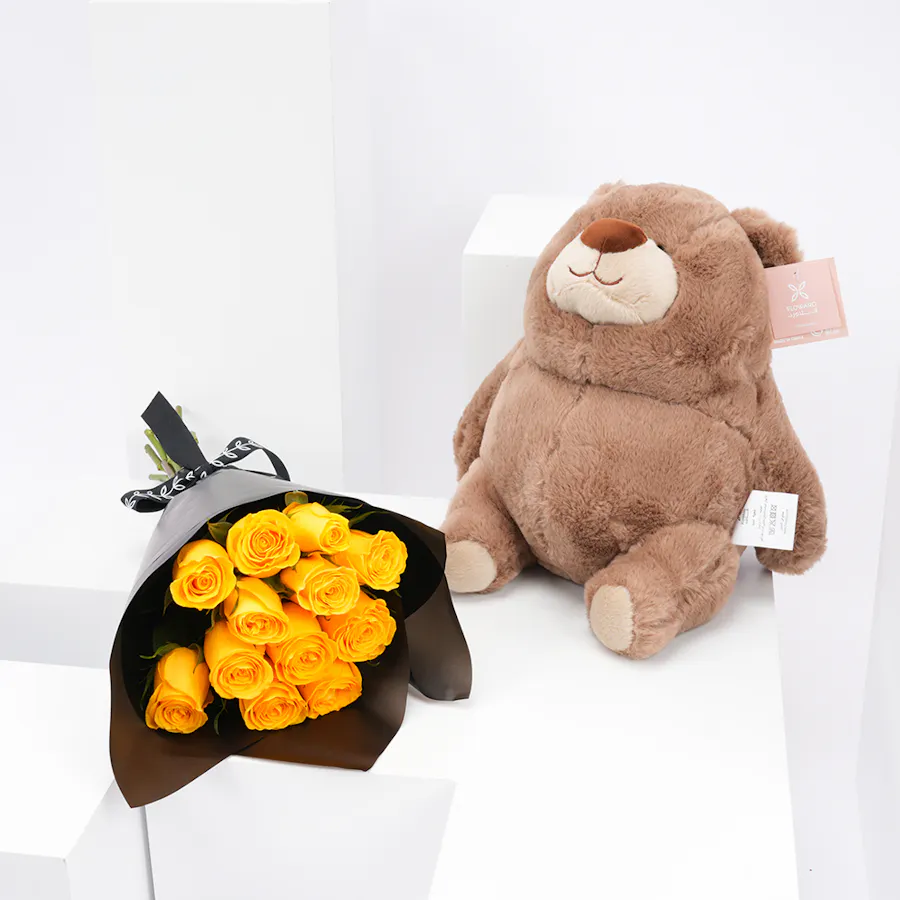 Floward Plush Bear with 12 Yellow Roses Bouquet 1