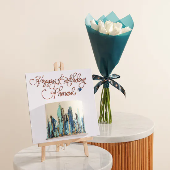 Floward Personalized Blue Half Portrait Birthday Cake | Gentle Orbit Flower