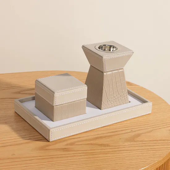 Cascades Tray Set With Leather Mabkher and Incense Box | Beige