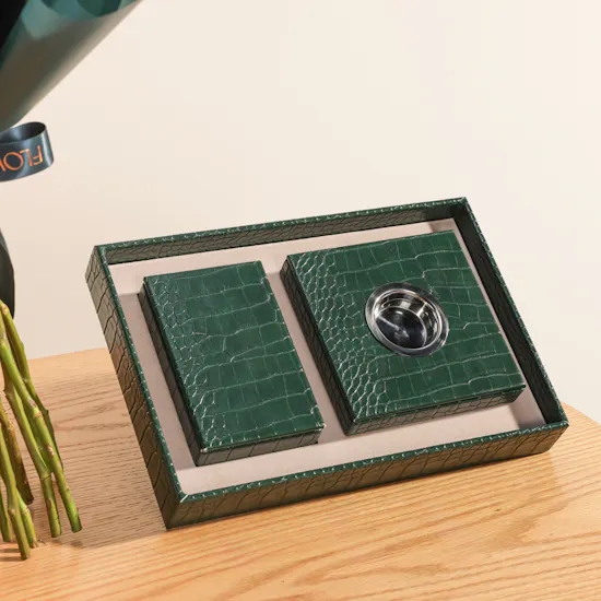 Cascades Green Leather Incense Burner Set | Soft Radiance Flower