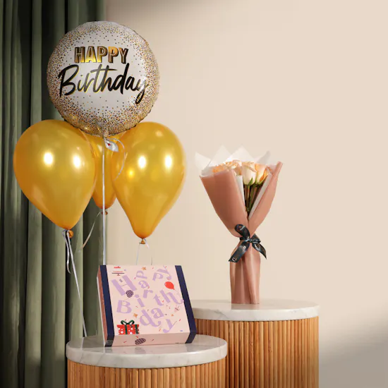 Hanoverian Happy Birthday Caramel Chocolate Box | Balloons and Flower Bouquet