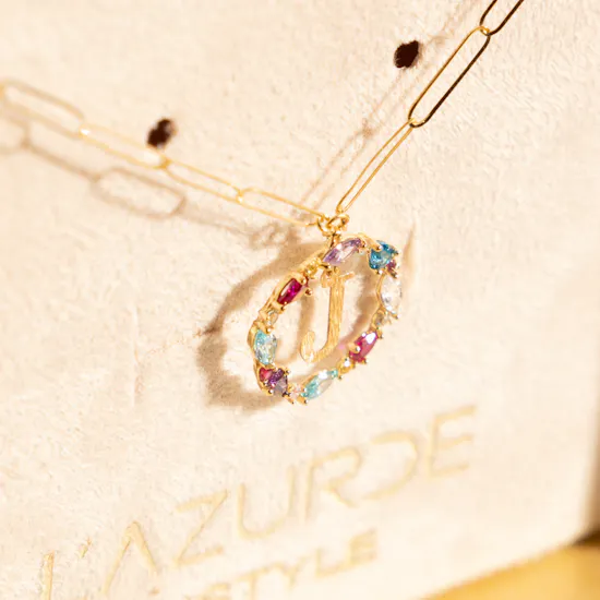 L'azurde Letter J Colored Stones Necklace